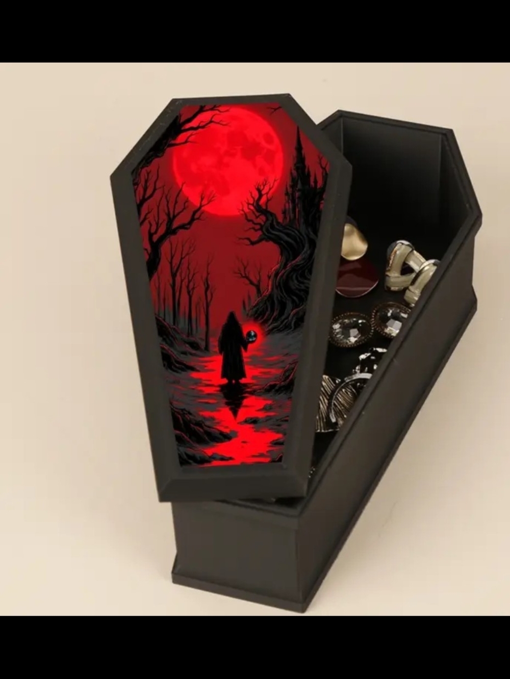Gothic Coffin Jewelry Box with Red Moon Artwork
